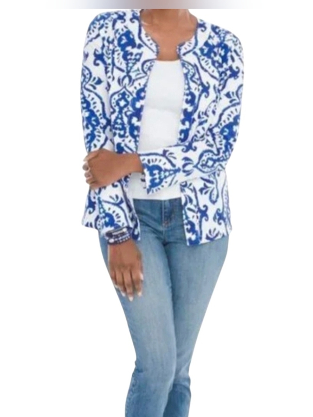 Chico's Indigo Ink Alicia  Printed Jacket Open-Front Jacket 1(8-10)M, NWT